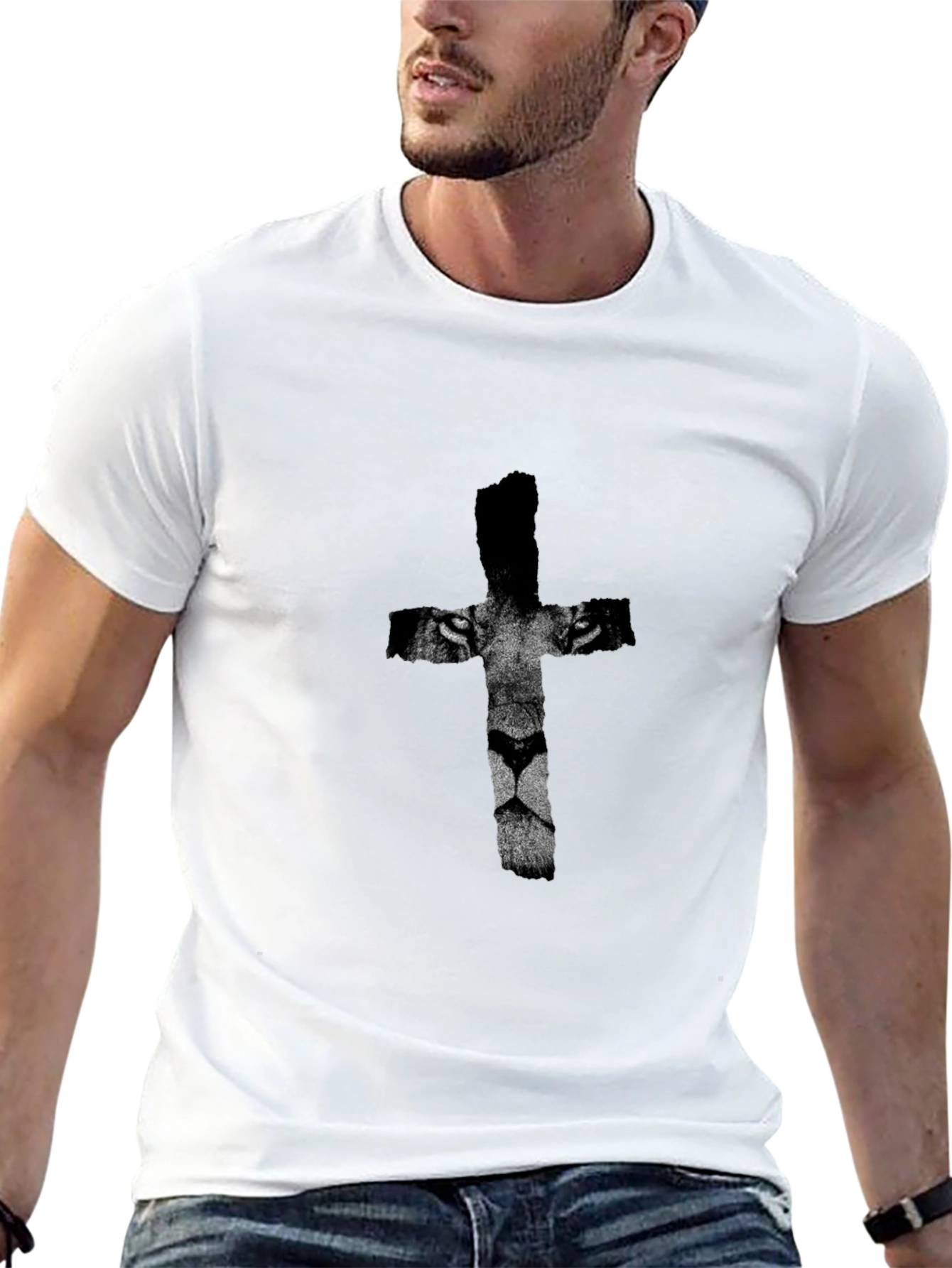 Lion Cross Graphic Print Black T-Shirt