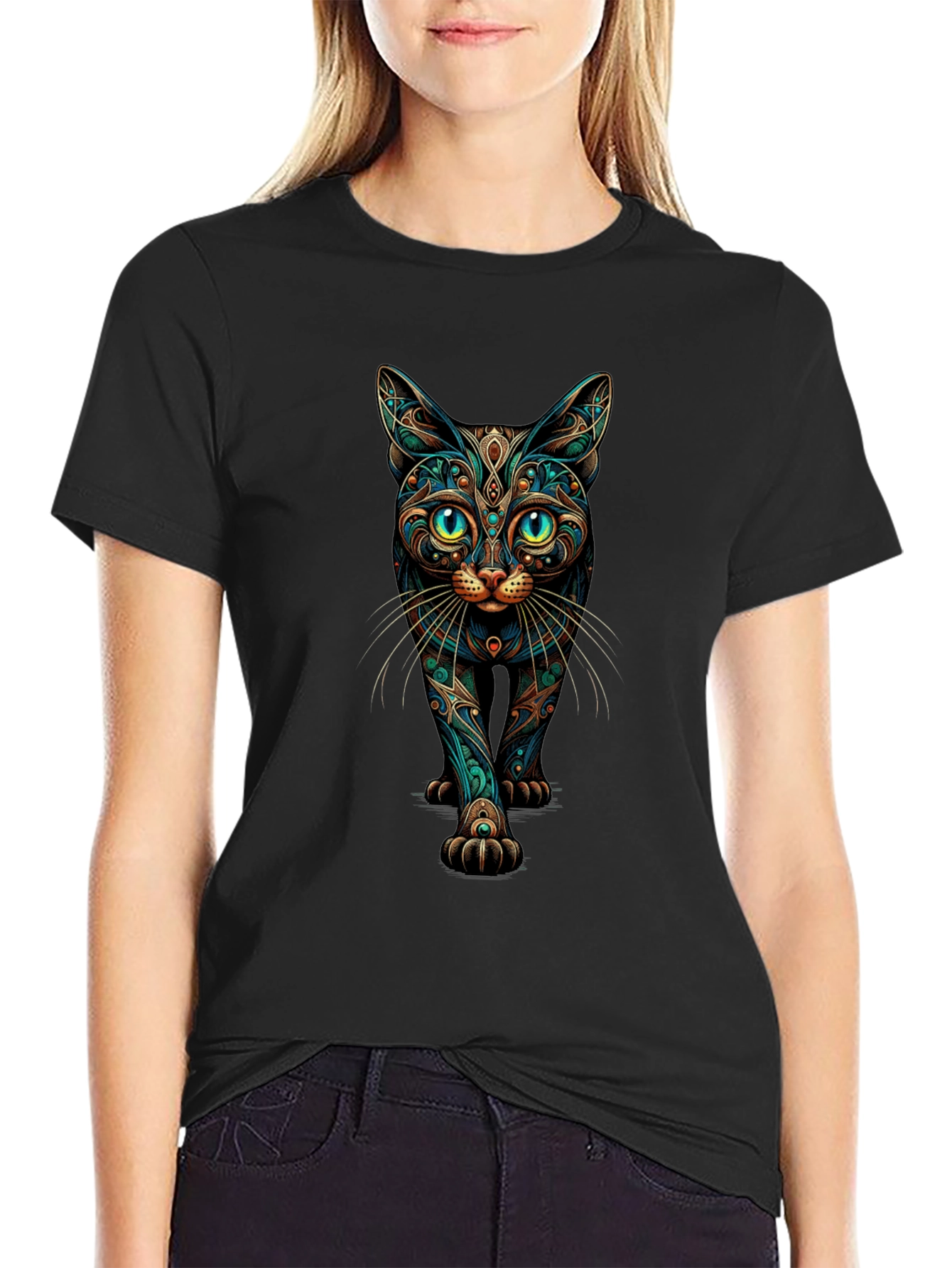 Mystic Cat Graphic Print Black T-Shirt