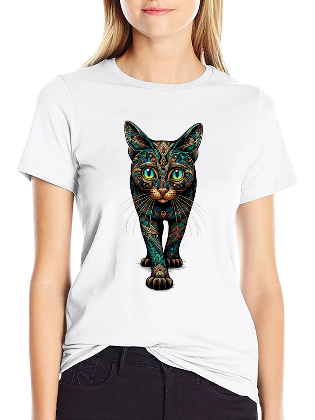 Mystic Cat Graphic Print Black T-Shirt