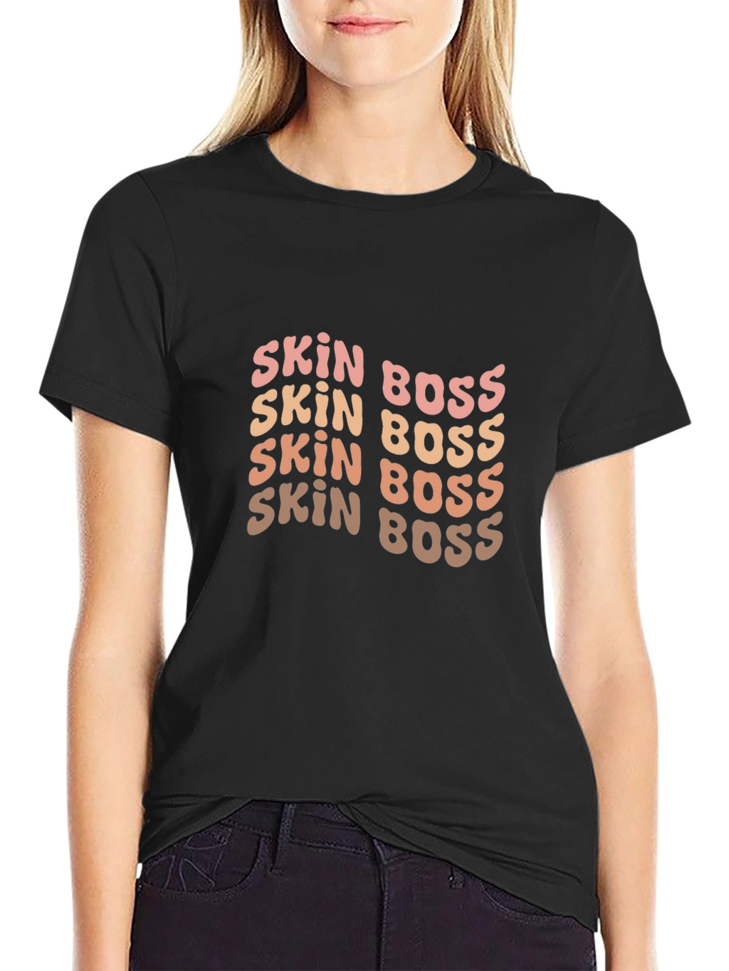 Skin Boss Black Tee - Stylish Wavy Text Design