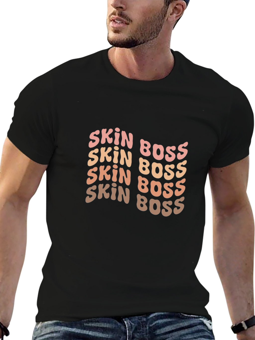 Skin Boss Black Tee - Stylish Wavy Text Design