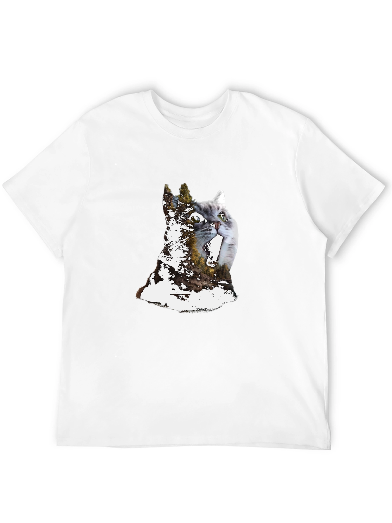 Cat & Forest Graphic Print Black T-Shirt