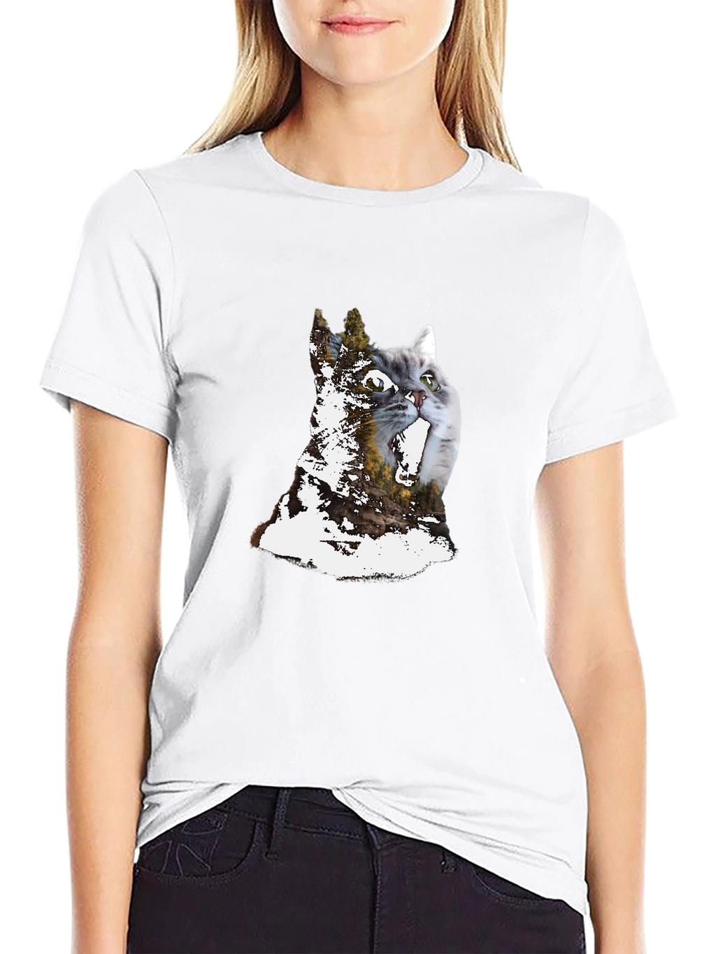 Cat & Forest Graphic Print Black T-Shirt