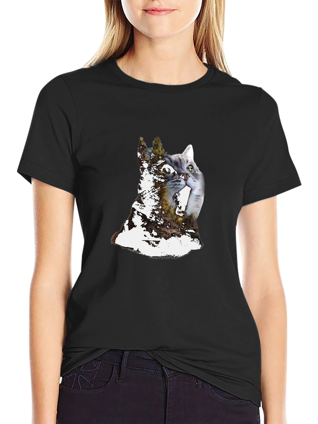 Cat & Forest Graphic Print Black T-Shirt