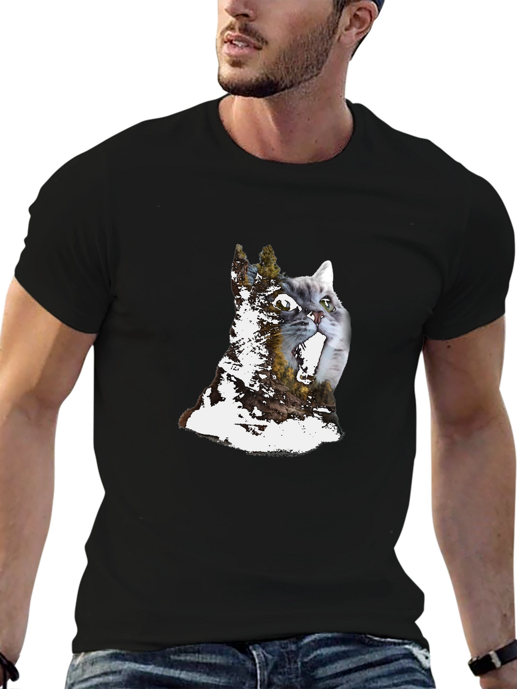 Cat & Forest Graphic Print Black T-Shirt
