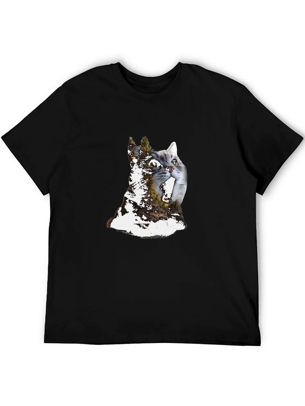 Cat & Forest Graphic Print Black T-Shirt