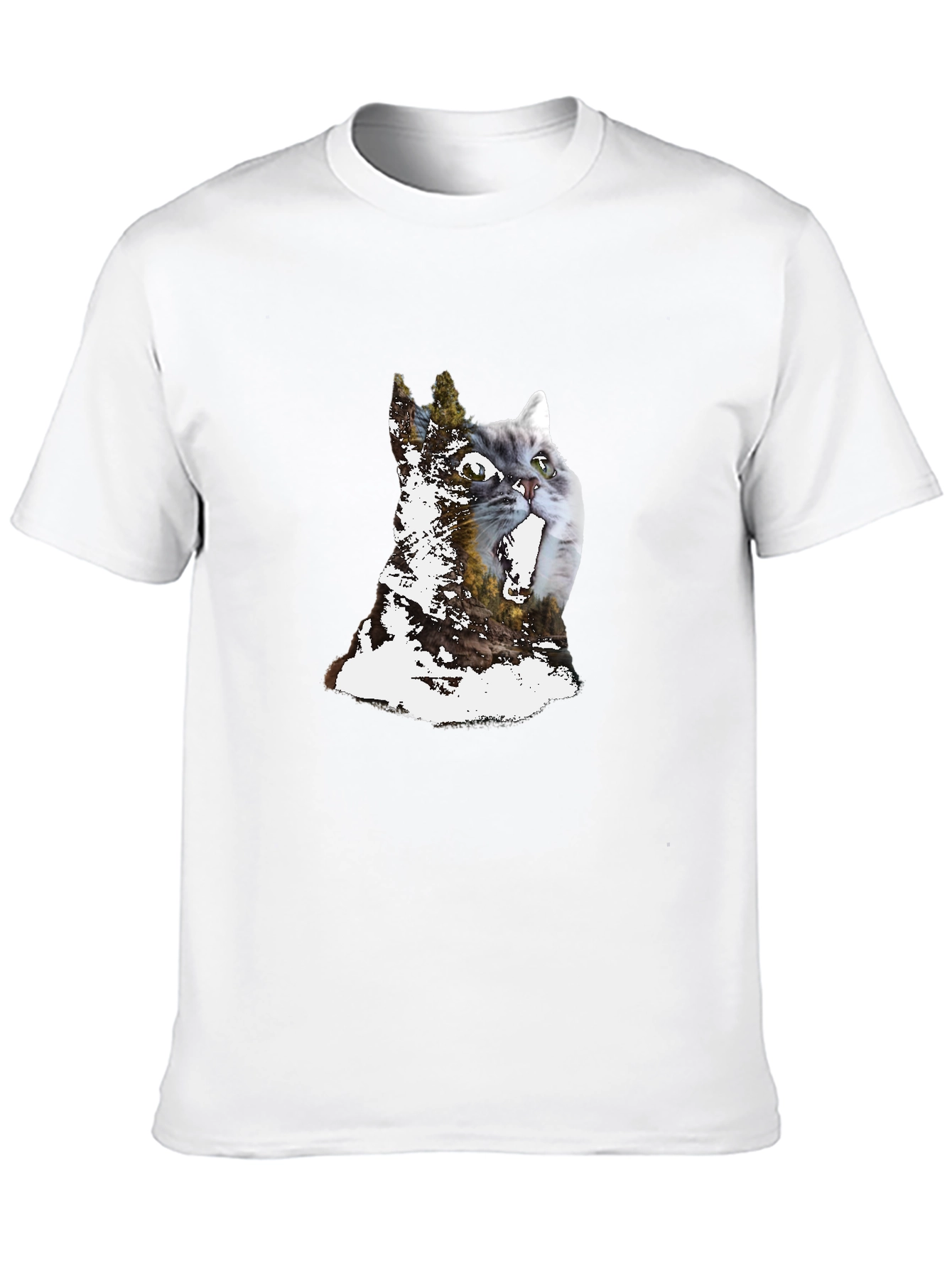 Cat & Forest Graphic Print Black T-Shirt