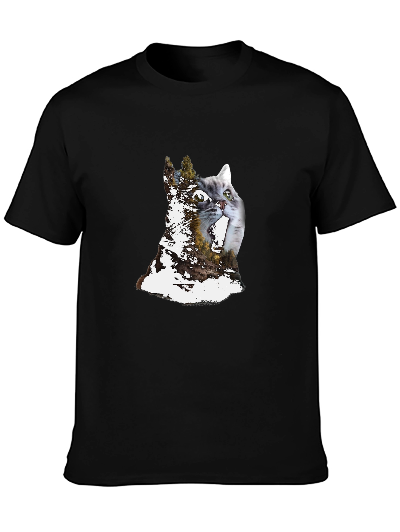 Cat & Forest Graphic Print Black T-Shirt