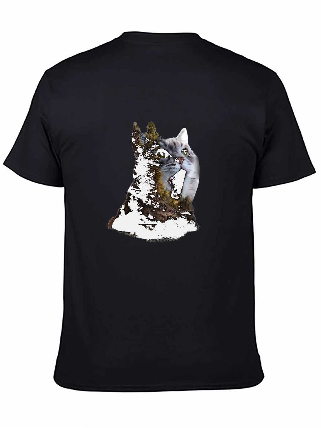 Cat & Forest Graphic Print Black T-Shirt