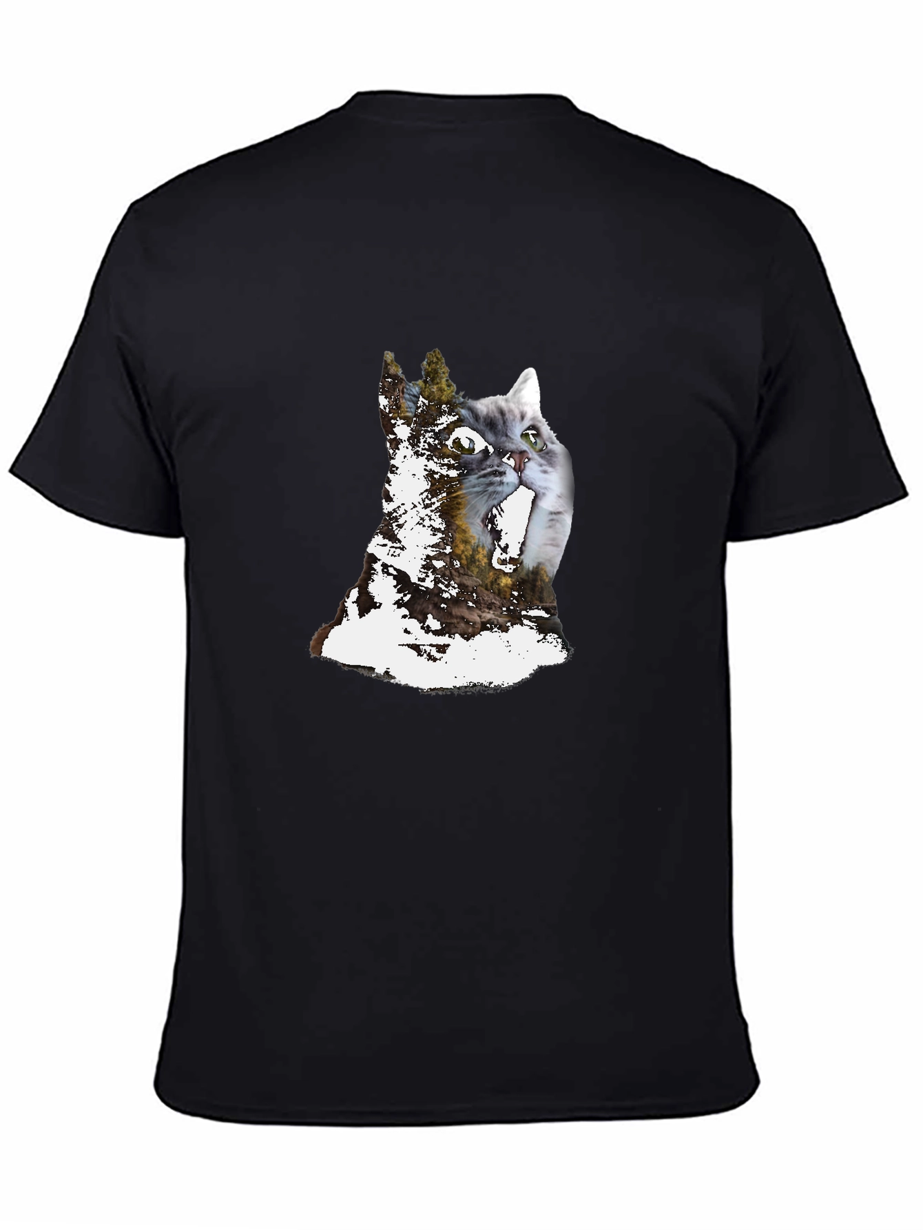 Cat & Forest Graphic Print Black T-Shirt