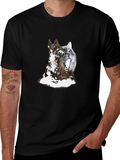 Cat & Forest Graphic Print Black T-Shirt