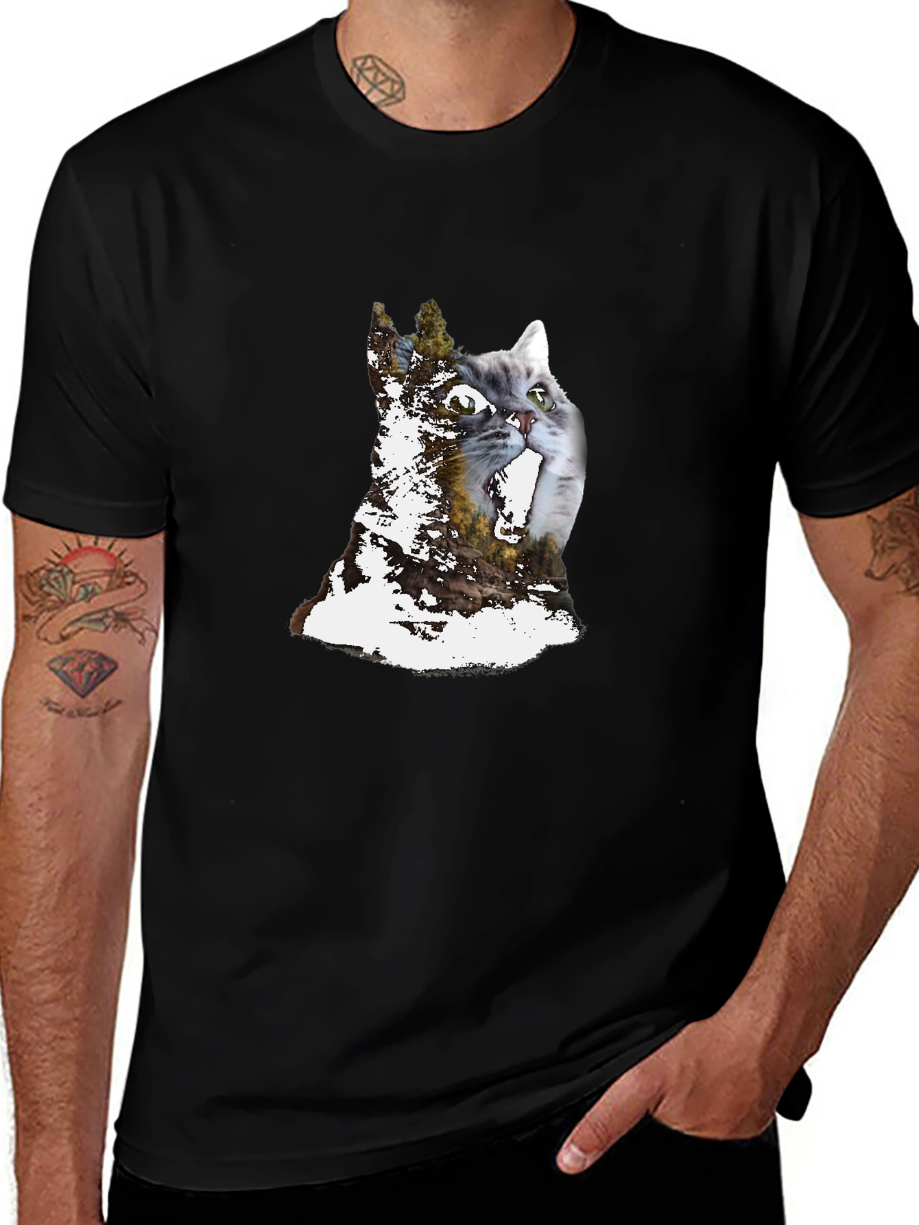 Cat & Forest Graphic Print Black T-Shirt