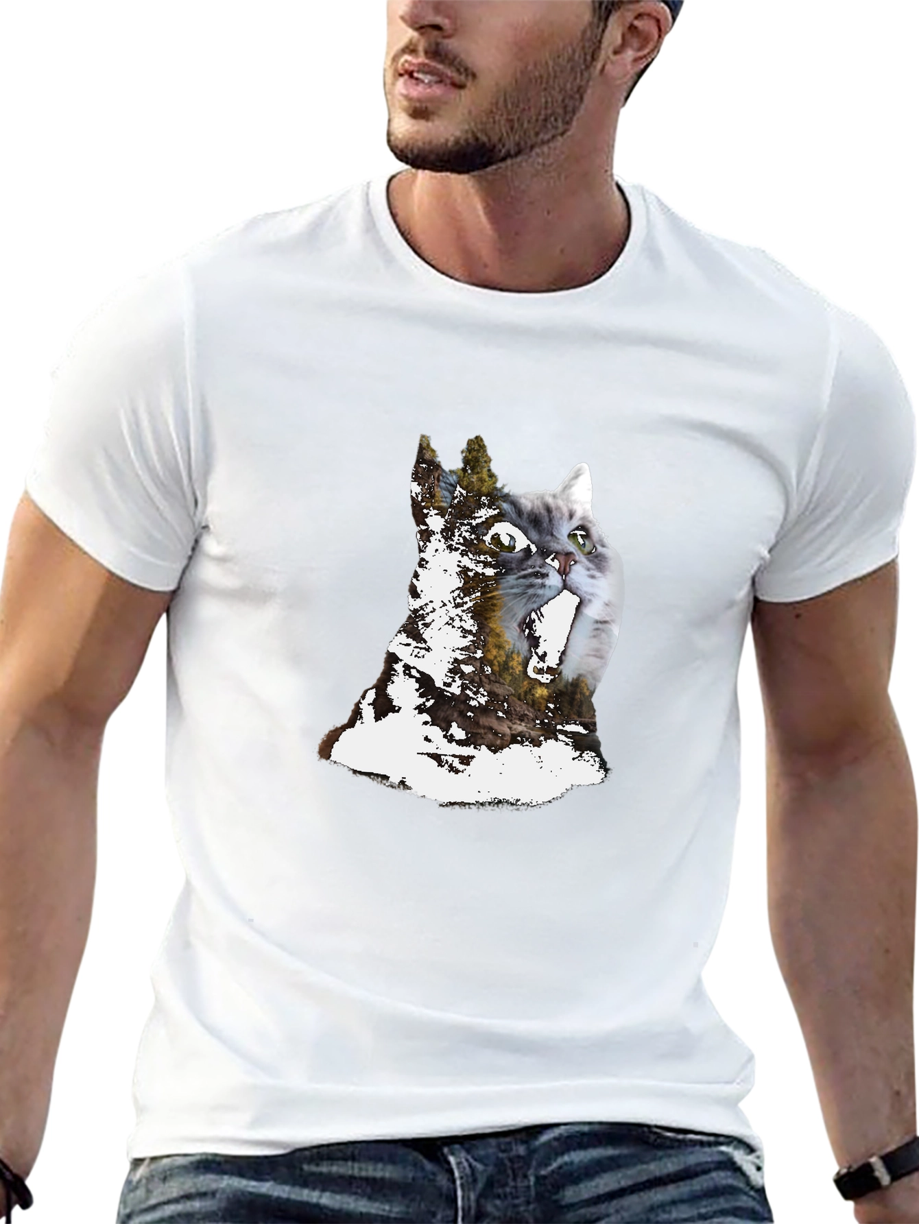 Cat & Forest Graphic Print Black T-Shirt