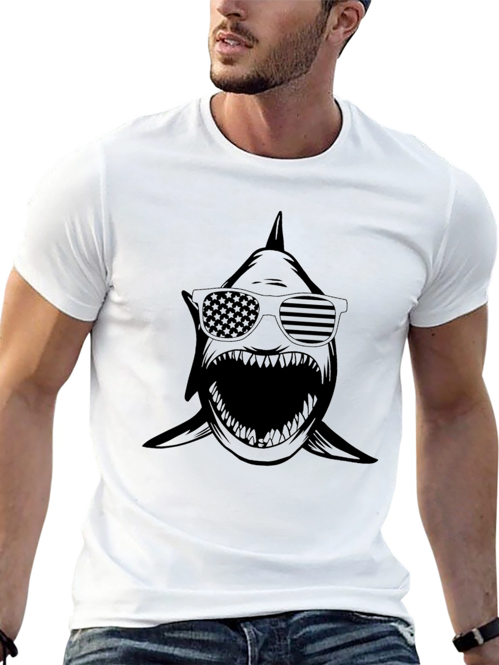 Shark USA Flag Sunglasses Graphic T-Shirt
