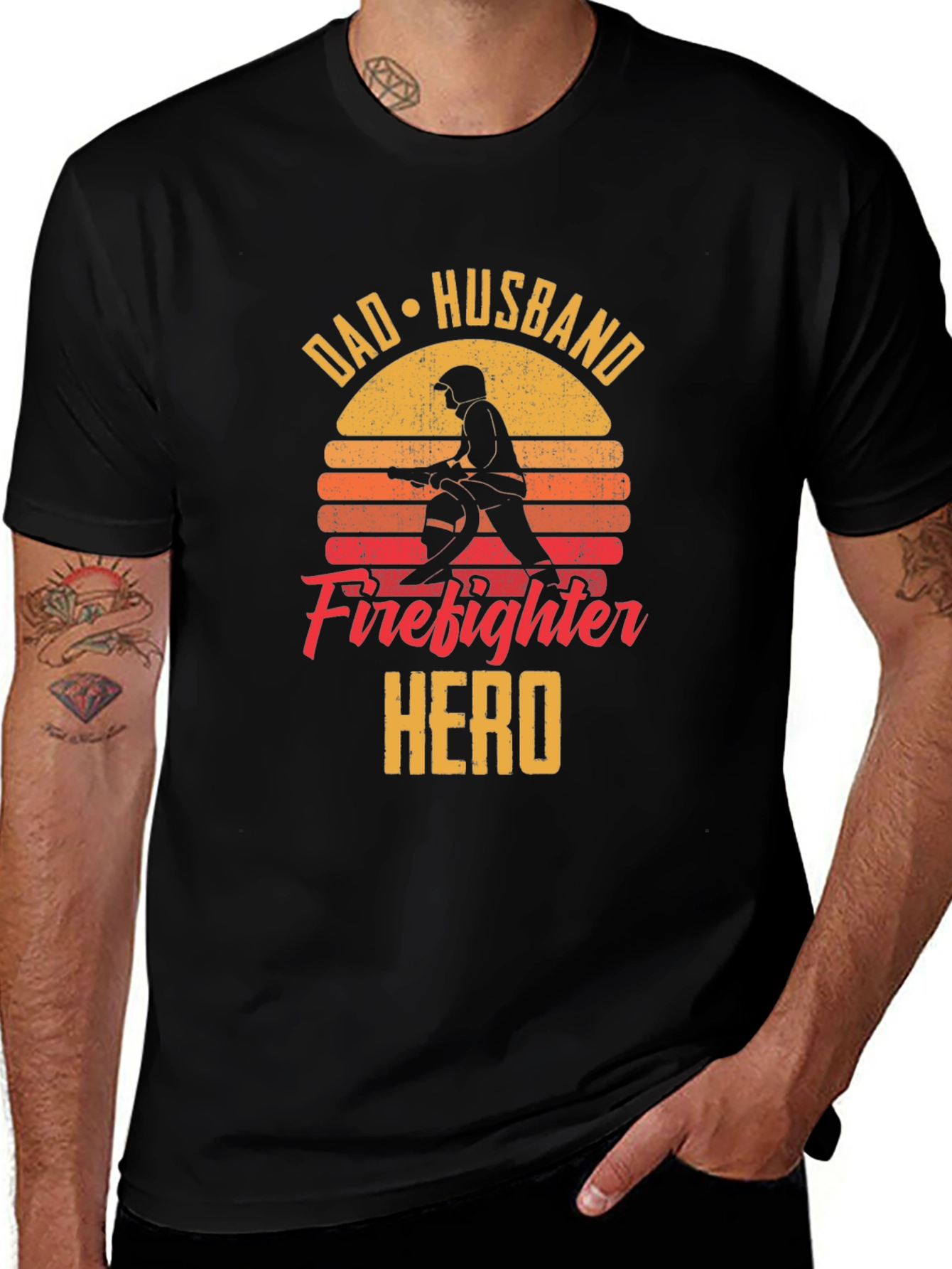 Dad Husband Firefighter Hero Black T-Shirt