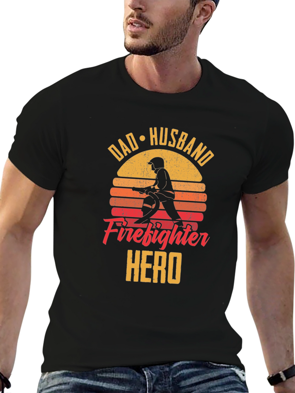 Dad Husband Firefighter Hero Black T-Shirt