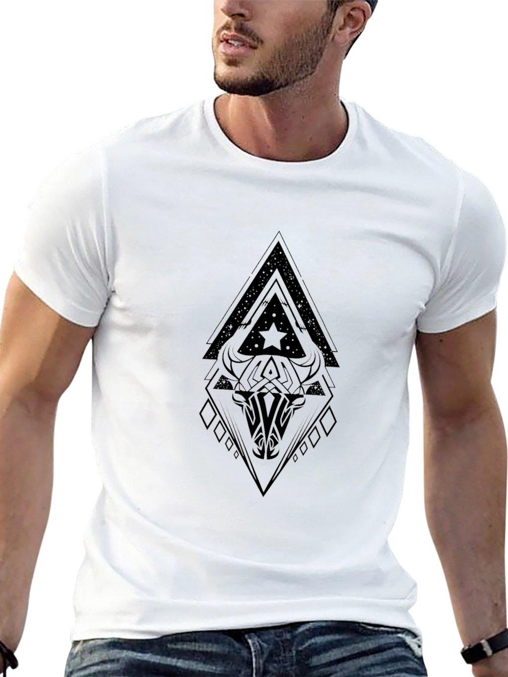 Geometric Bull Skull Graphic Black T-Shirt