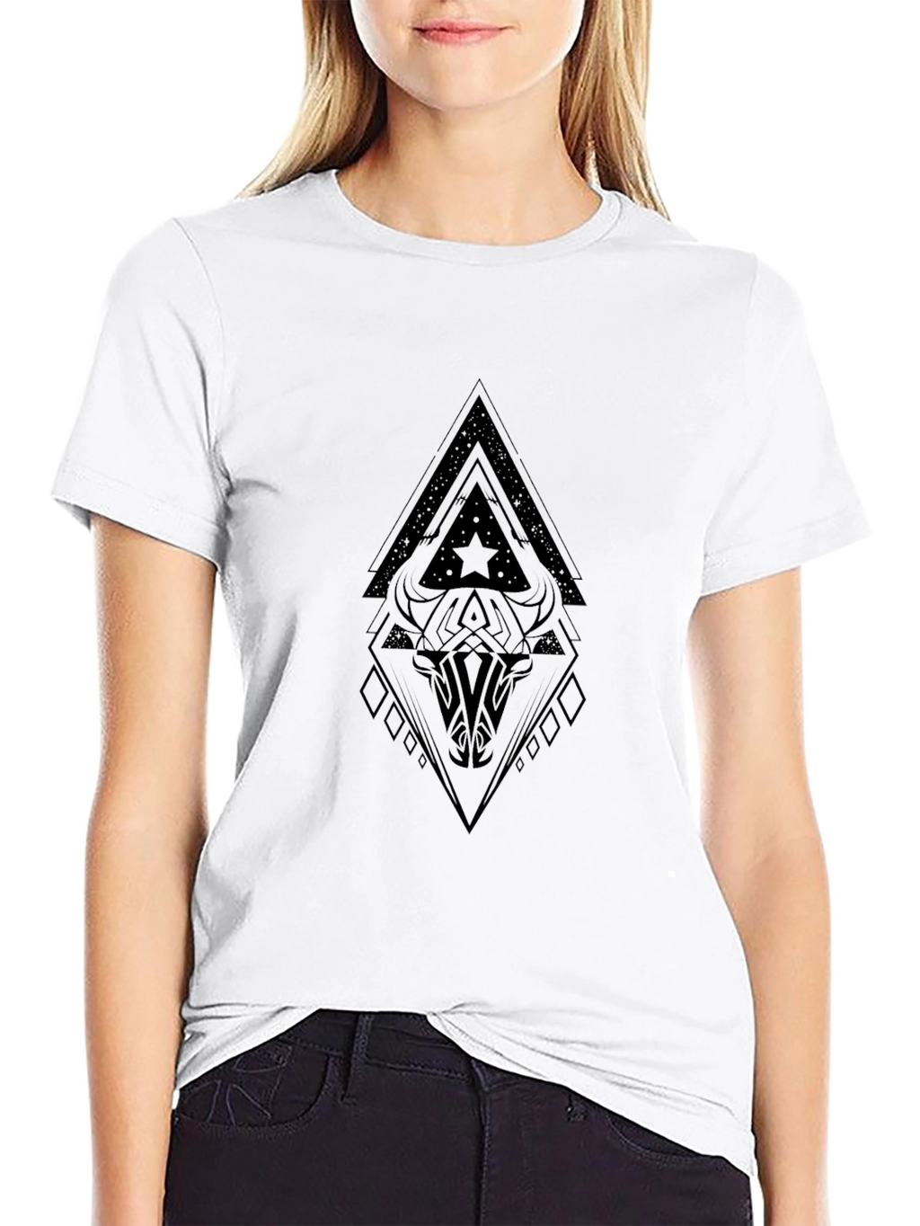 Geometric Bull Skull Graphic Black T-Shirt