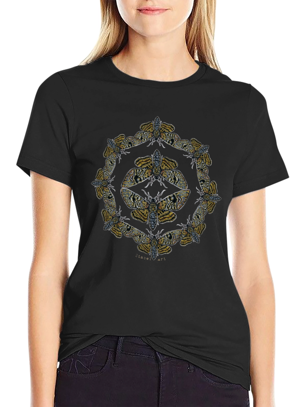 Moth Mandala Graphic Tee - Black Cotton Shirt