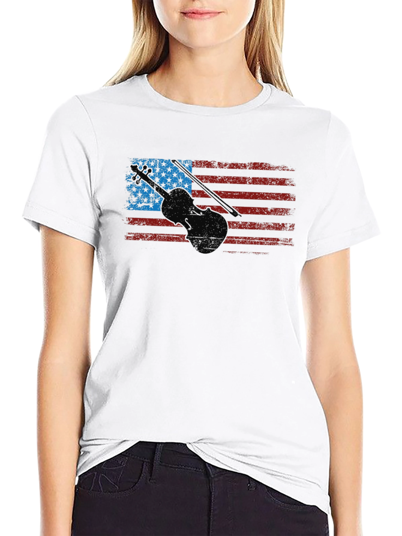 American Flag Violin Graphic T-Shirt