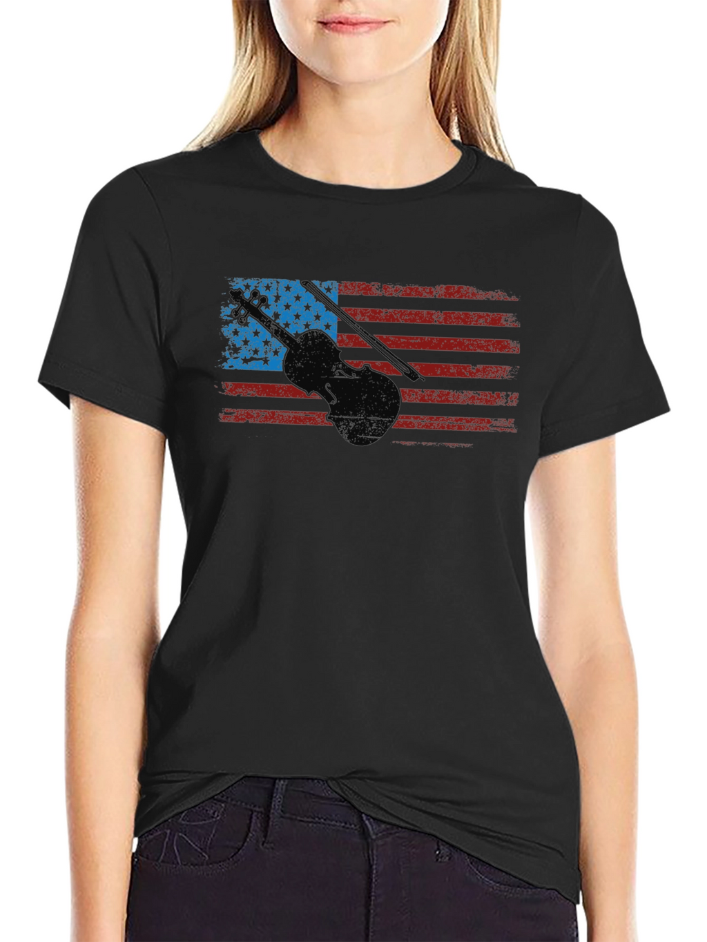 American Flag Violin Graphic T-Shirt