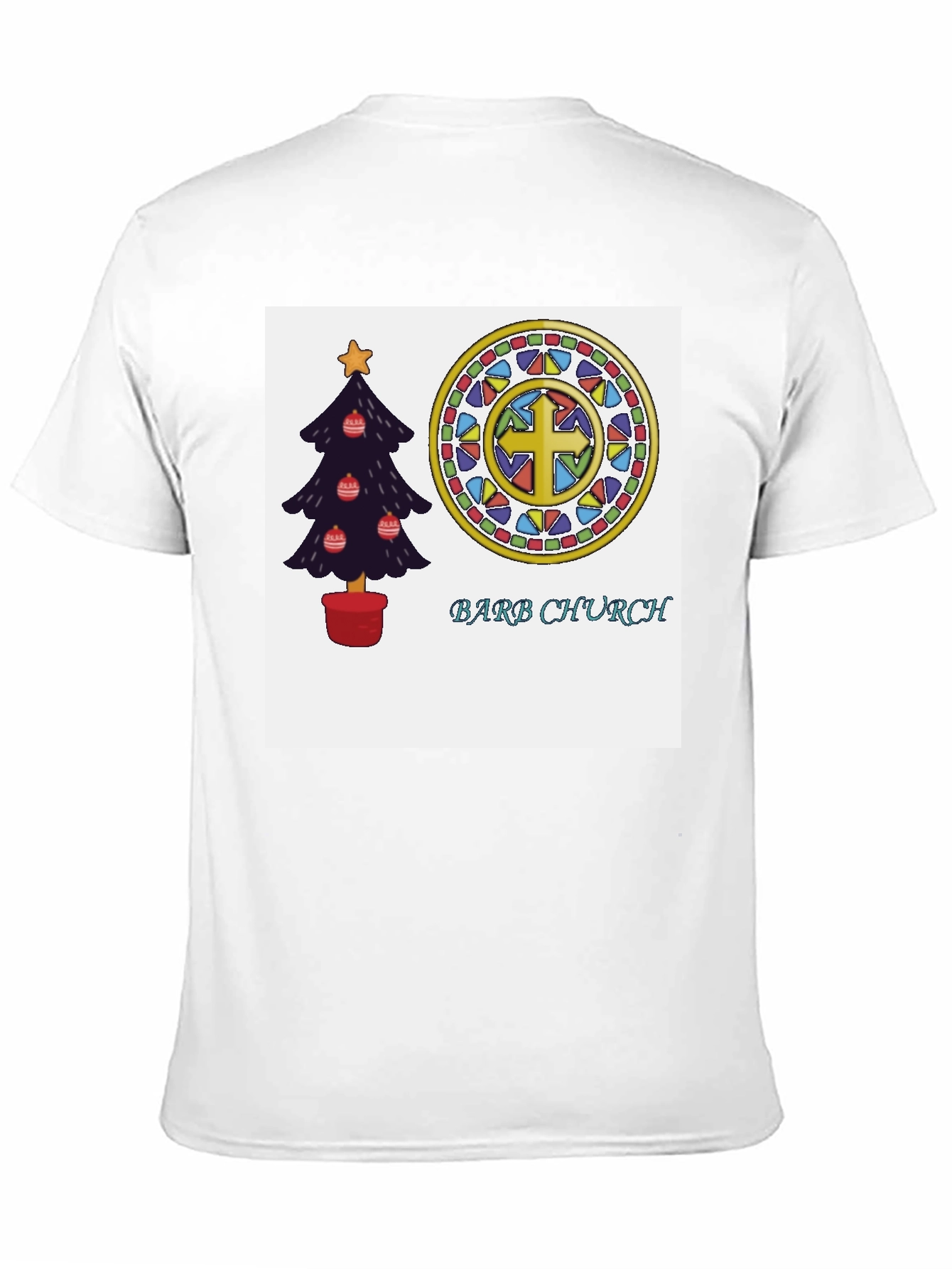 Festive Church T-Shirt with Christmas Tree and Stained Glass