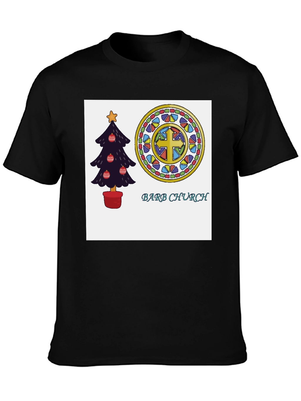 Festive Church T-Shirt with Christmas Tree and Stained Glass