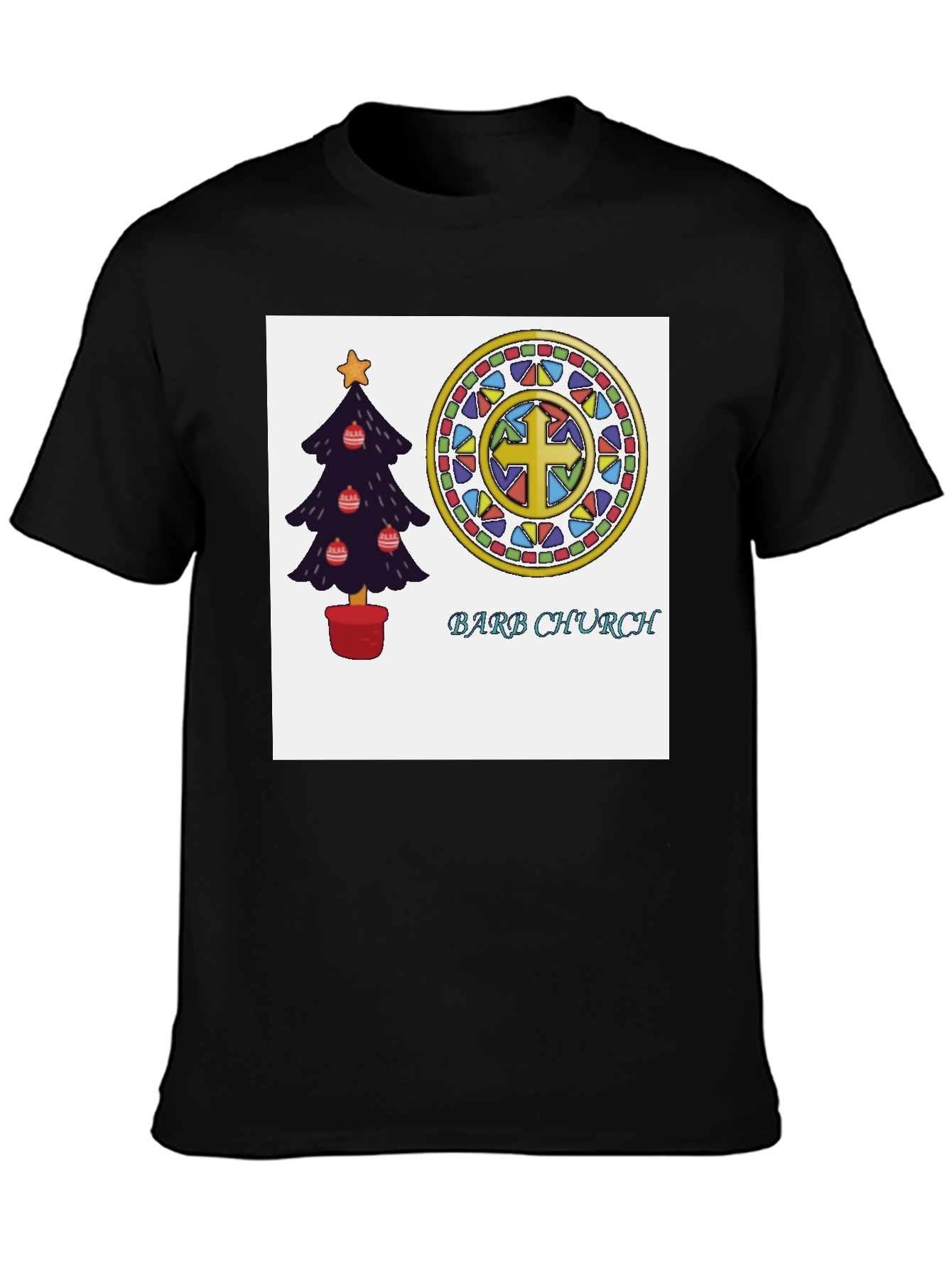 Festive Church T-Shirt with Christmas Tree and Stained Glass