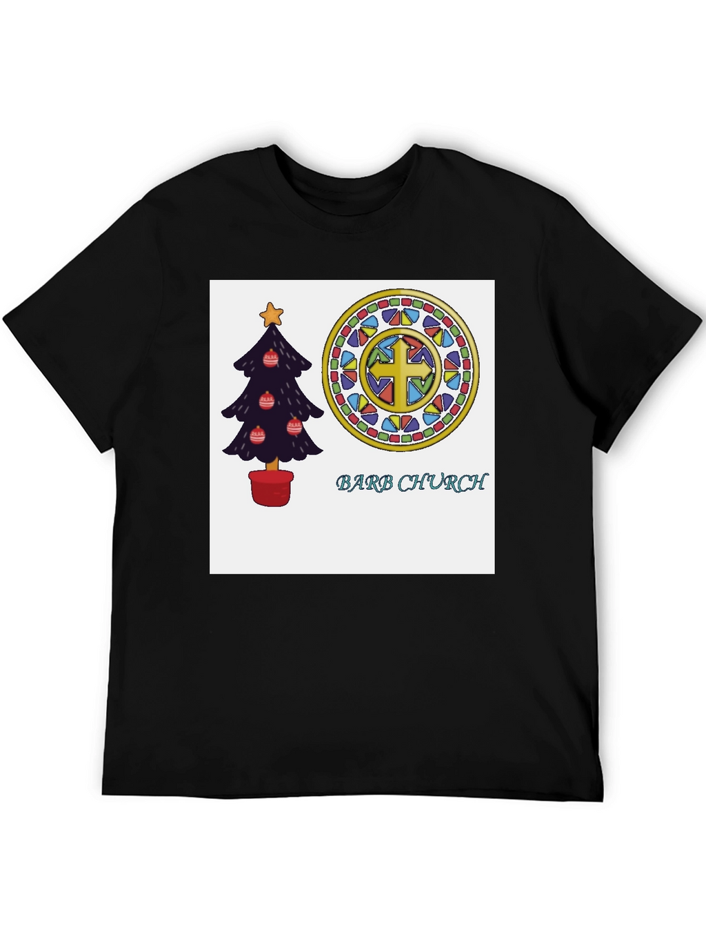 Festive Church T-Shirt with Christmas Tree and Stained Glass
