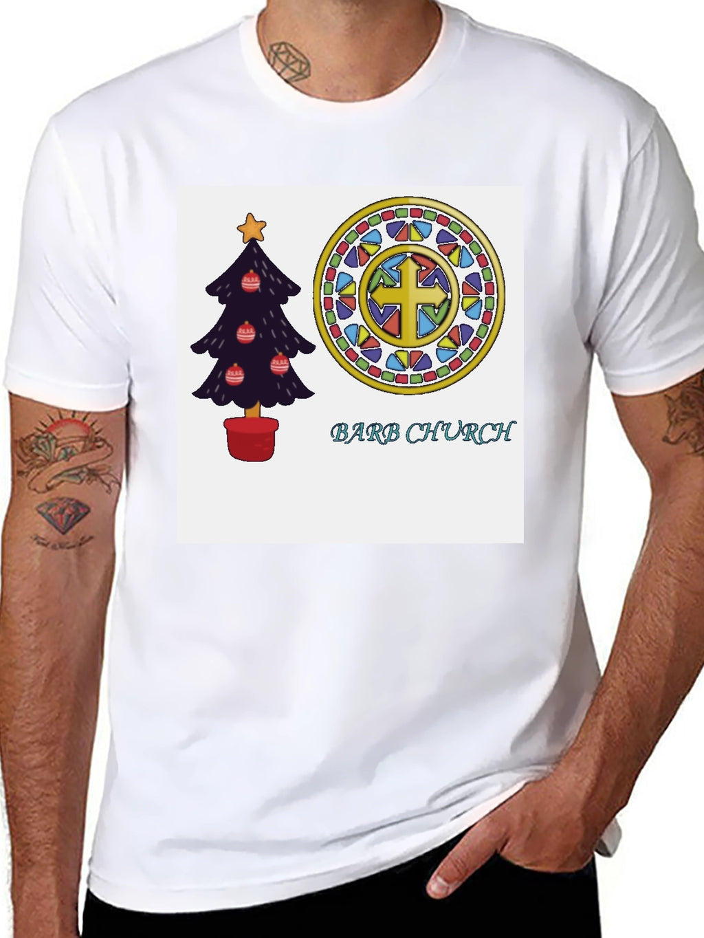 Festive Church T-Shirt with Christmas Tree and Stained Glass
