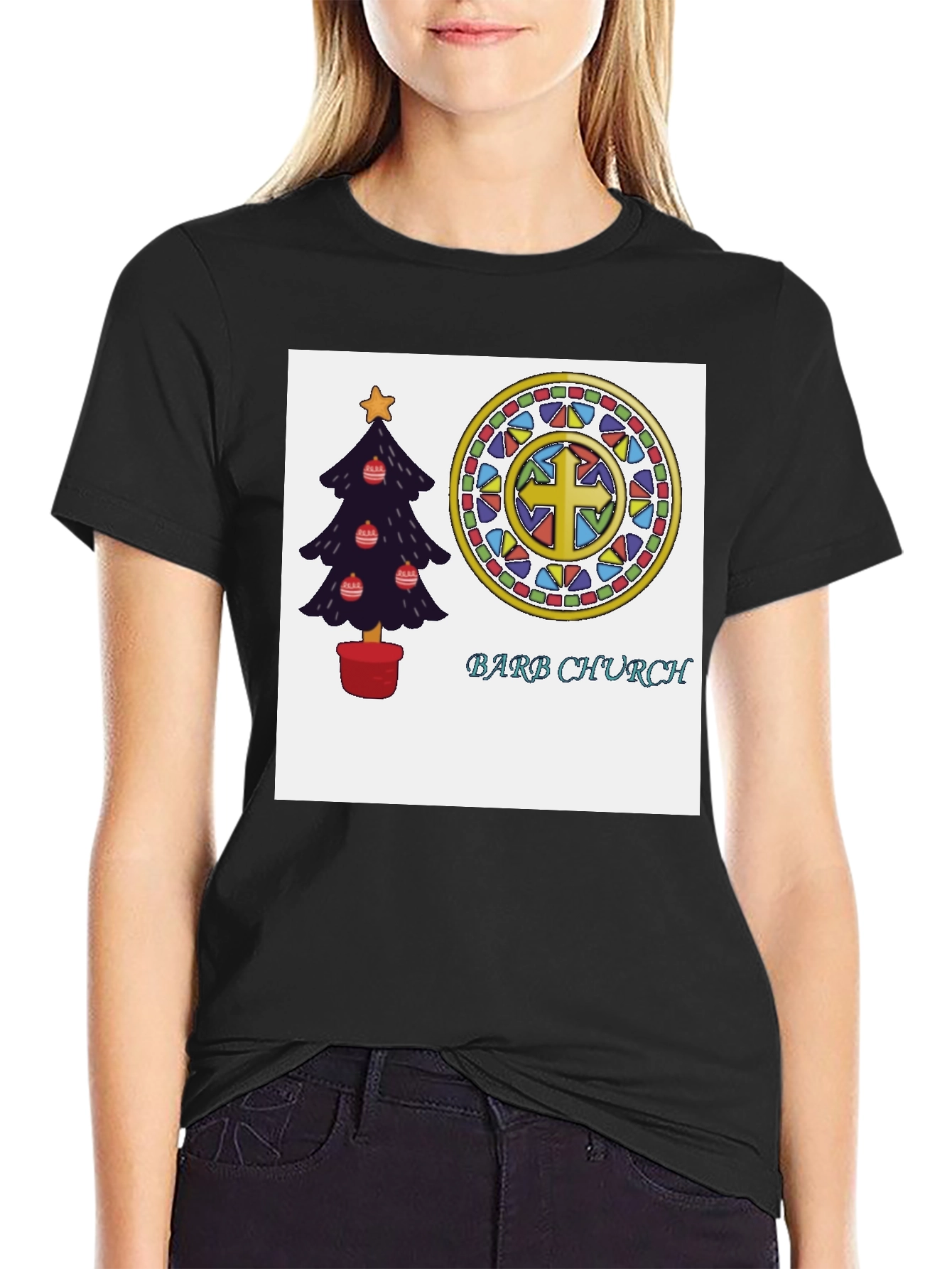 Festive Church T-Shirt with Christmas Tree and Stained Glass