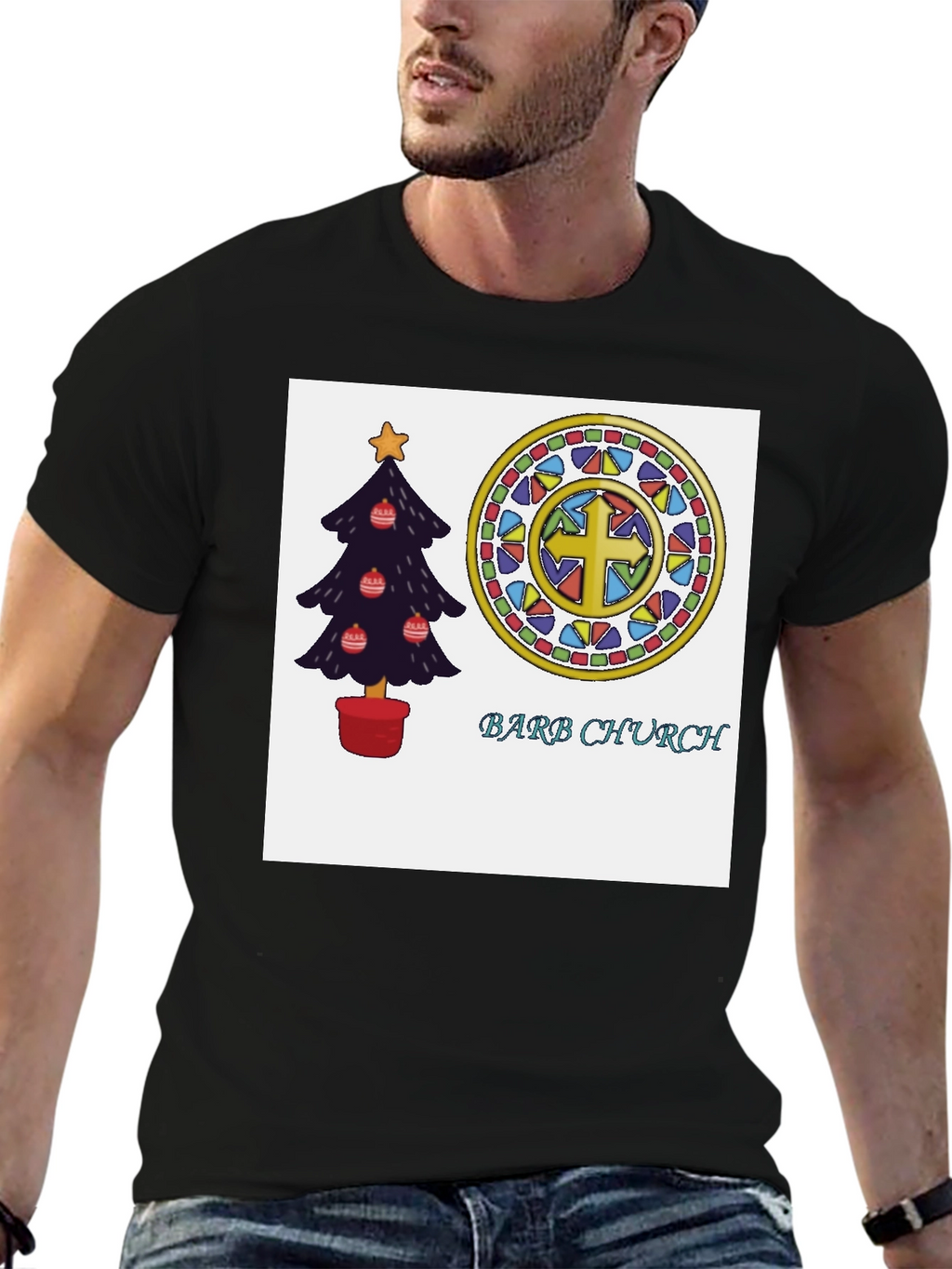 Festive Church T-Shirt with Christmas Tree and Stained Glass