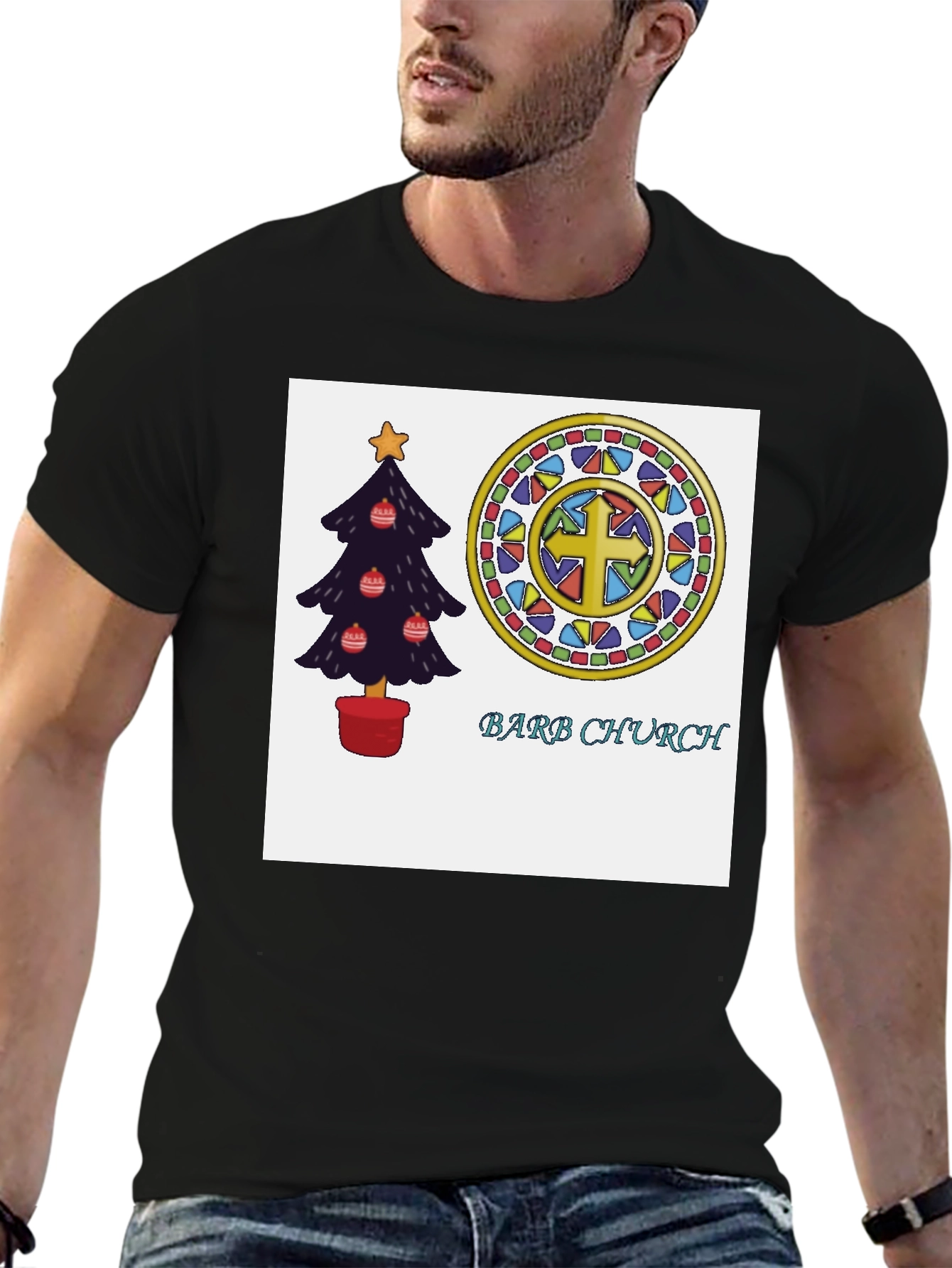 Festive Church T-Shirt with Christmas Tree and Stained Glass