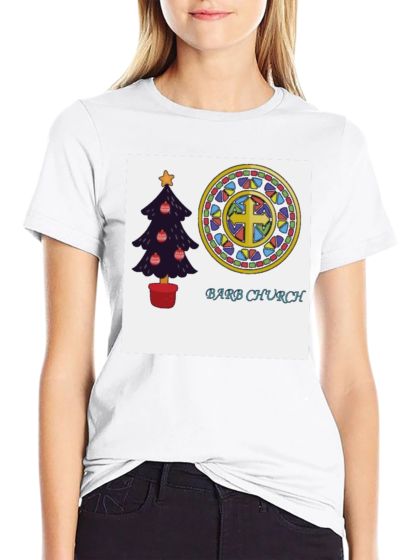 Festive Church T-Shirt with Christmas Tree and Stained Glass
