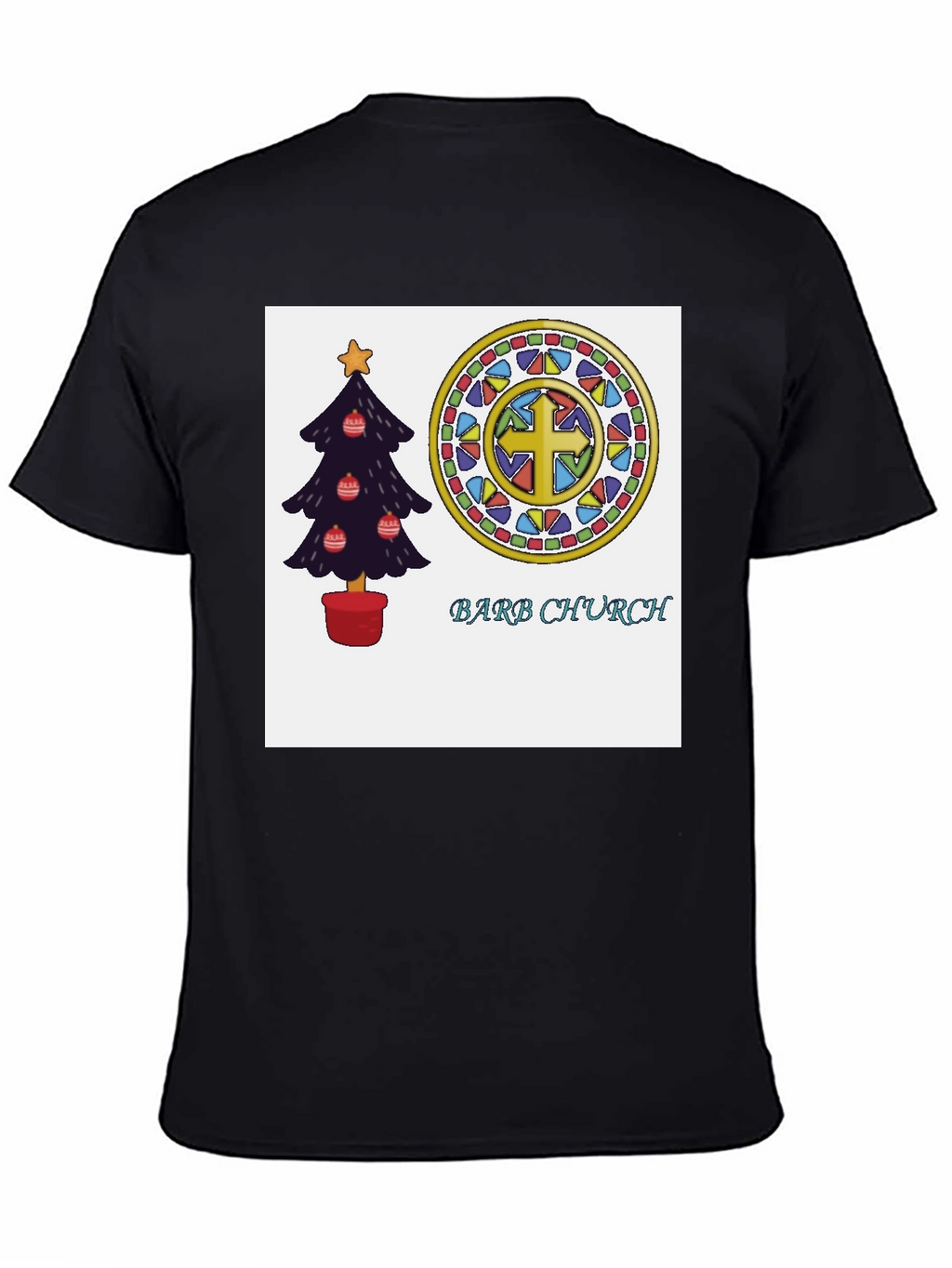 Festive Church T-Shirt with Christmas Tree and Stained Glass