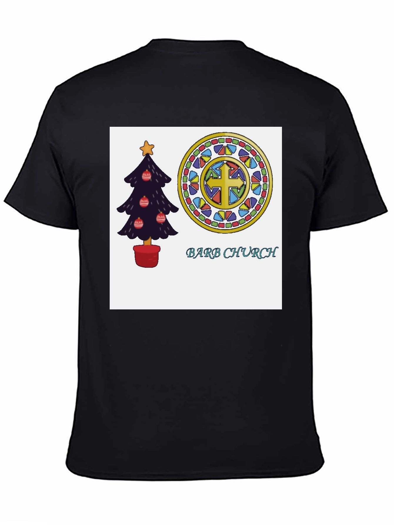 Festive Church T-Shirt with Christmas Tree and Stained Glass