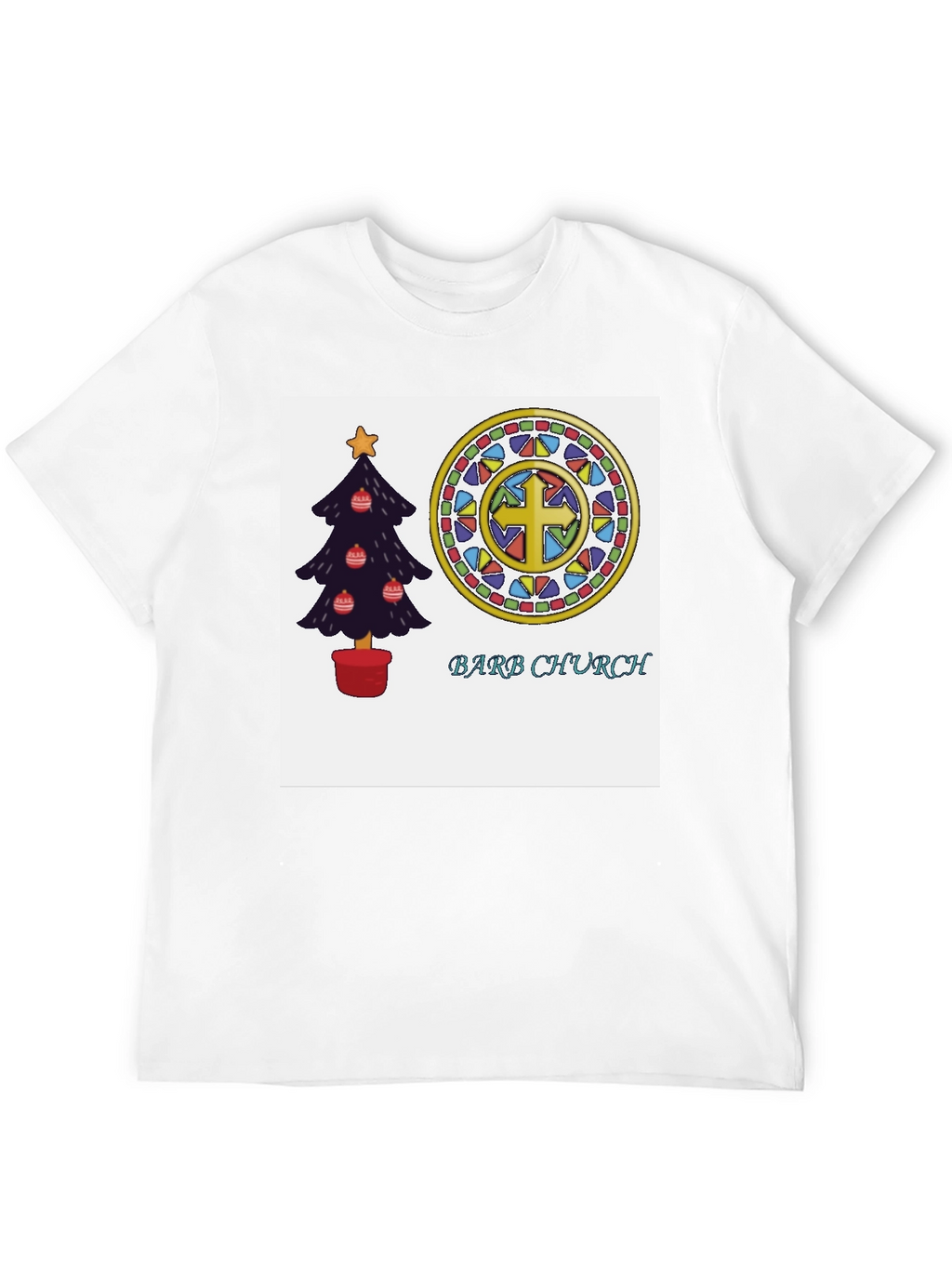 Festive Church T-Shirt with Christmas Tree and Stained Glass