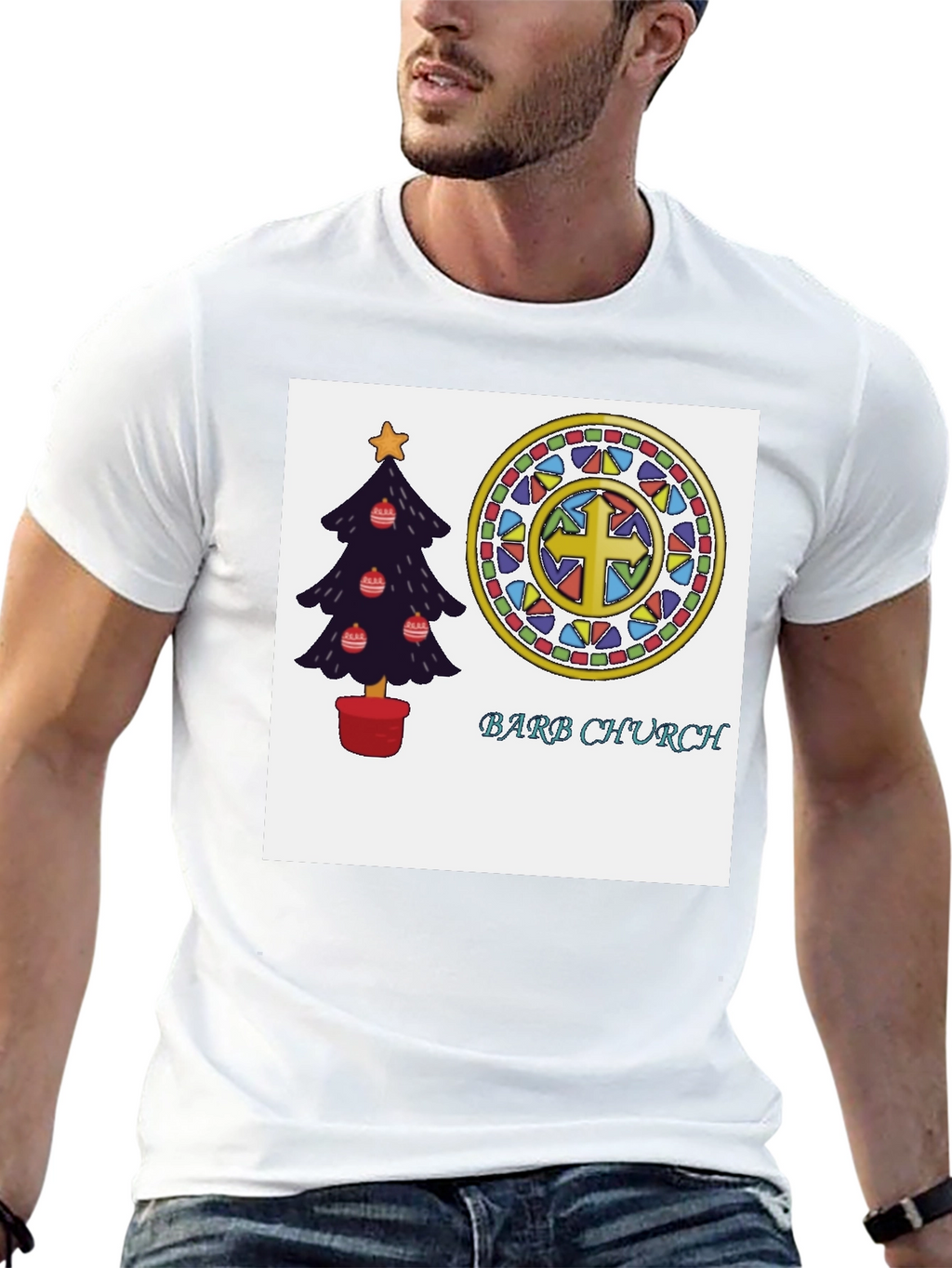 Festive Church T-Shirt with Christmas Tree and Stained Glass