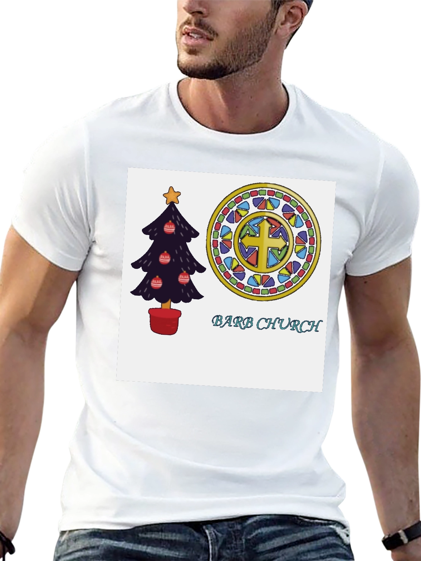 Festive Church T-Shirt with Christmas Tree and Stained Glass