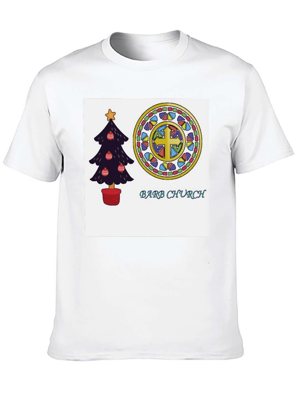 Festive Church T-Shirt with Christmas Tree and Stained Glass