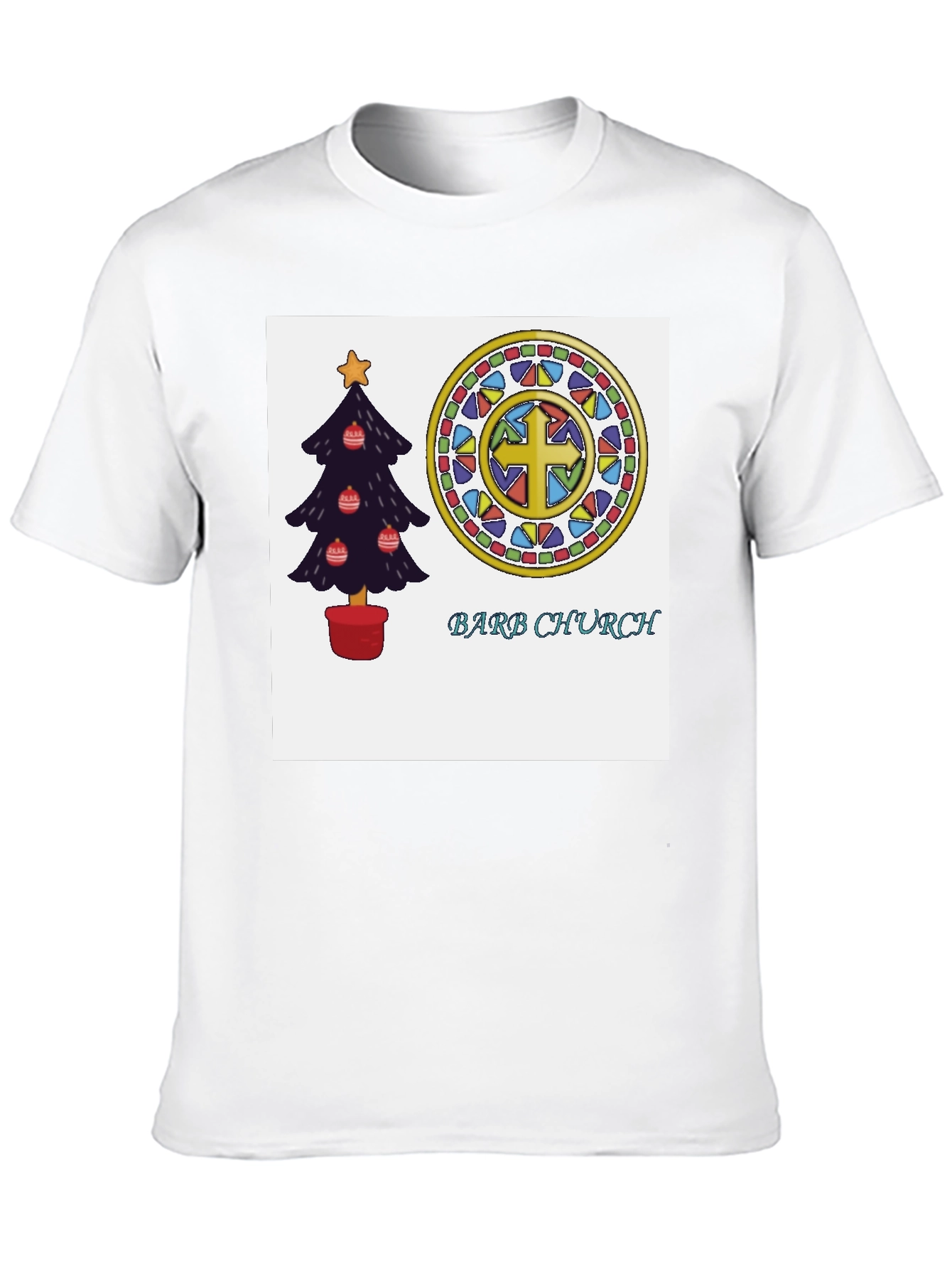 Festive Church T-Shirt with Christmas Tree and Stained Glass