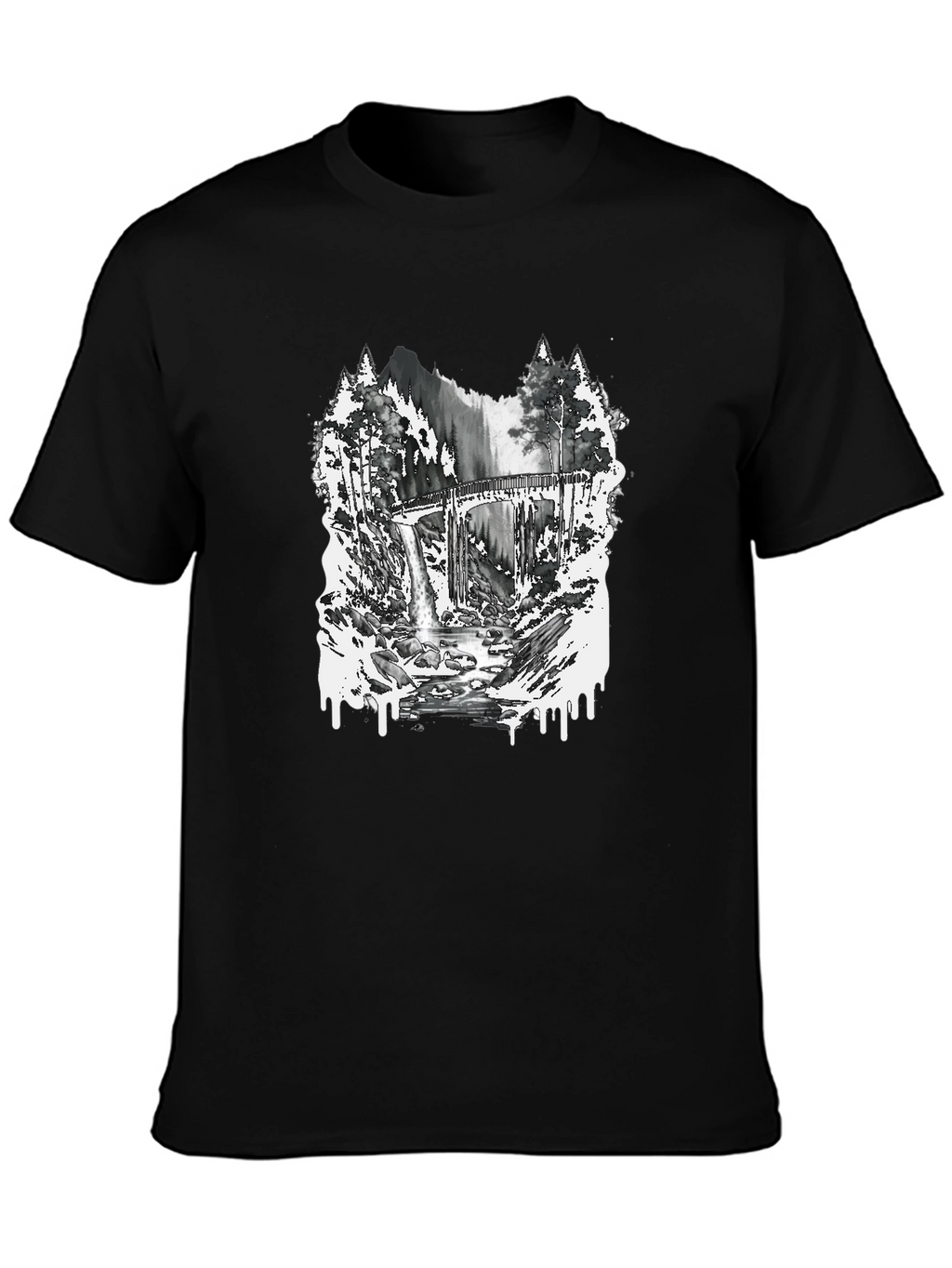 Nature Scene Graphic Tee - Bridge and Waterfall