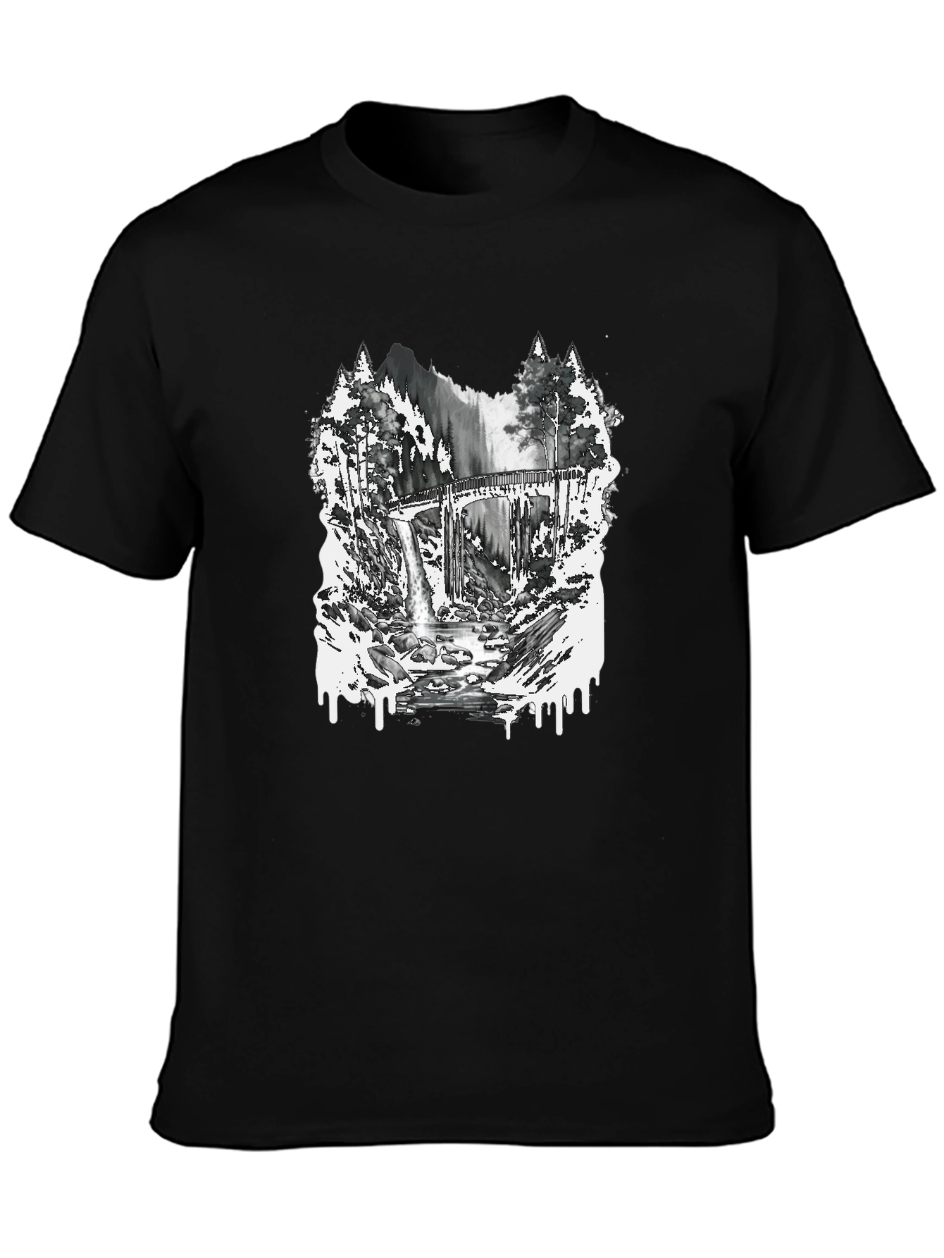 Nature Scene Graphic Tee - Bridge and Waterfall
