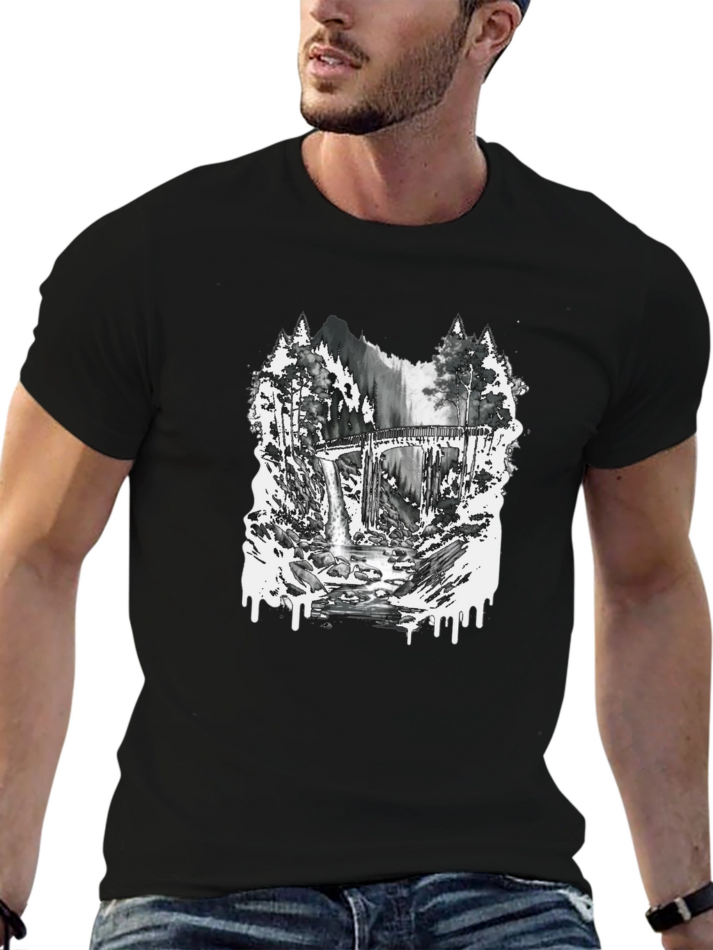 Nature Scene Graphic Tee - Bridge and Waterfall