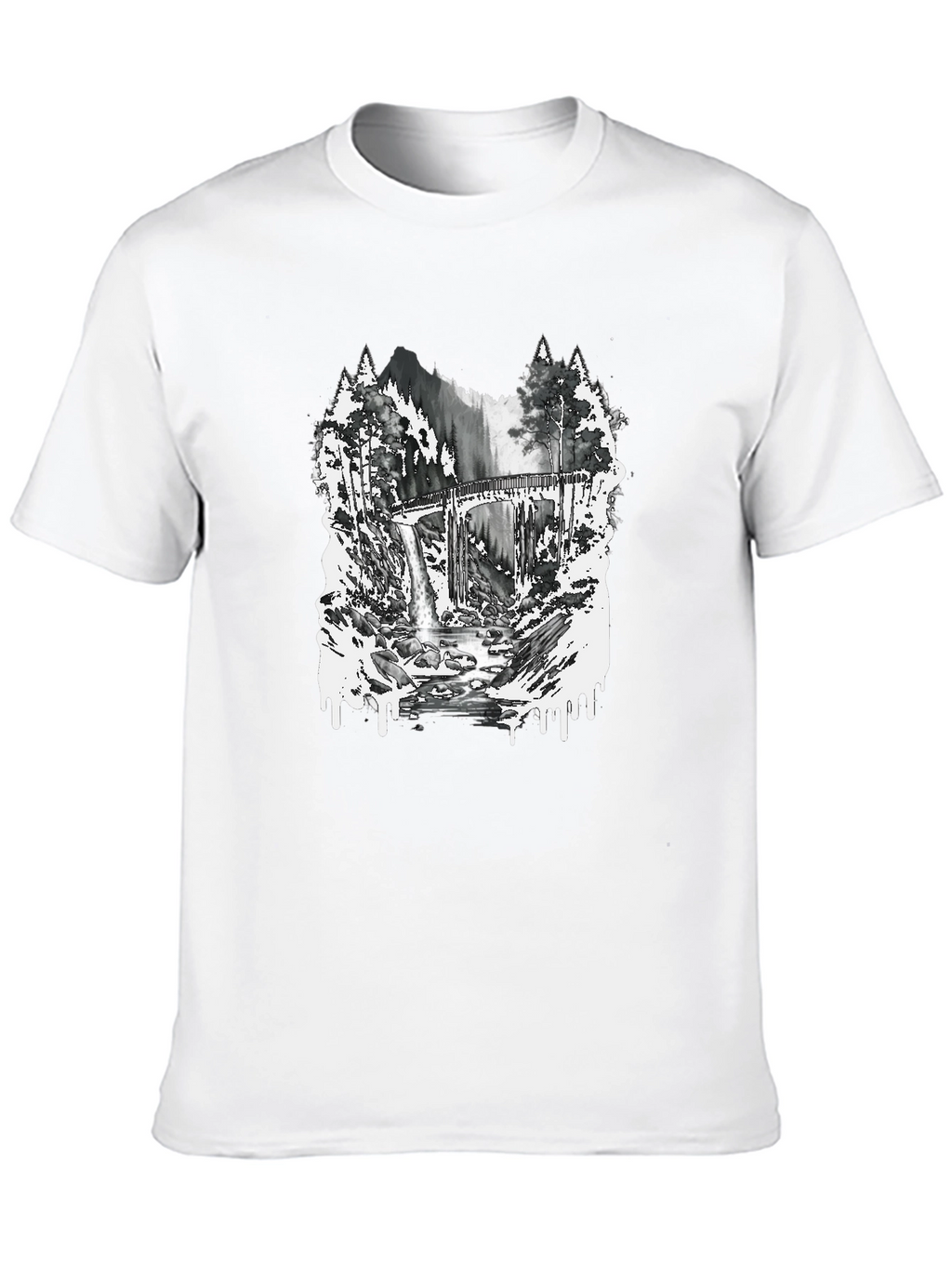 Nature Scene Graphic Tee - Bridge and Waterfall