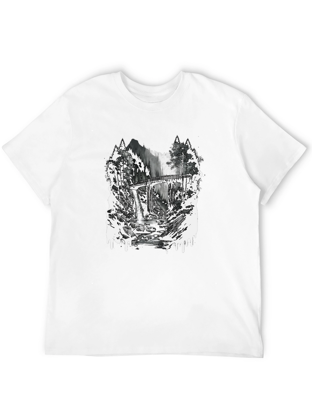Nature Scene Graphic Tee - Bridge and Waterfall