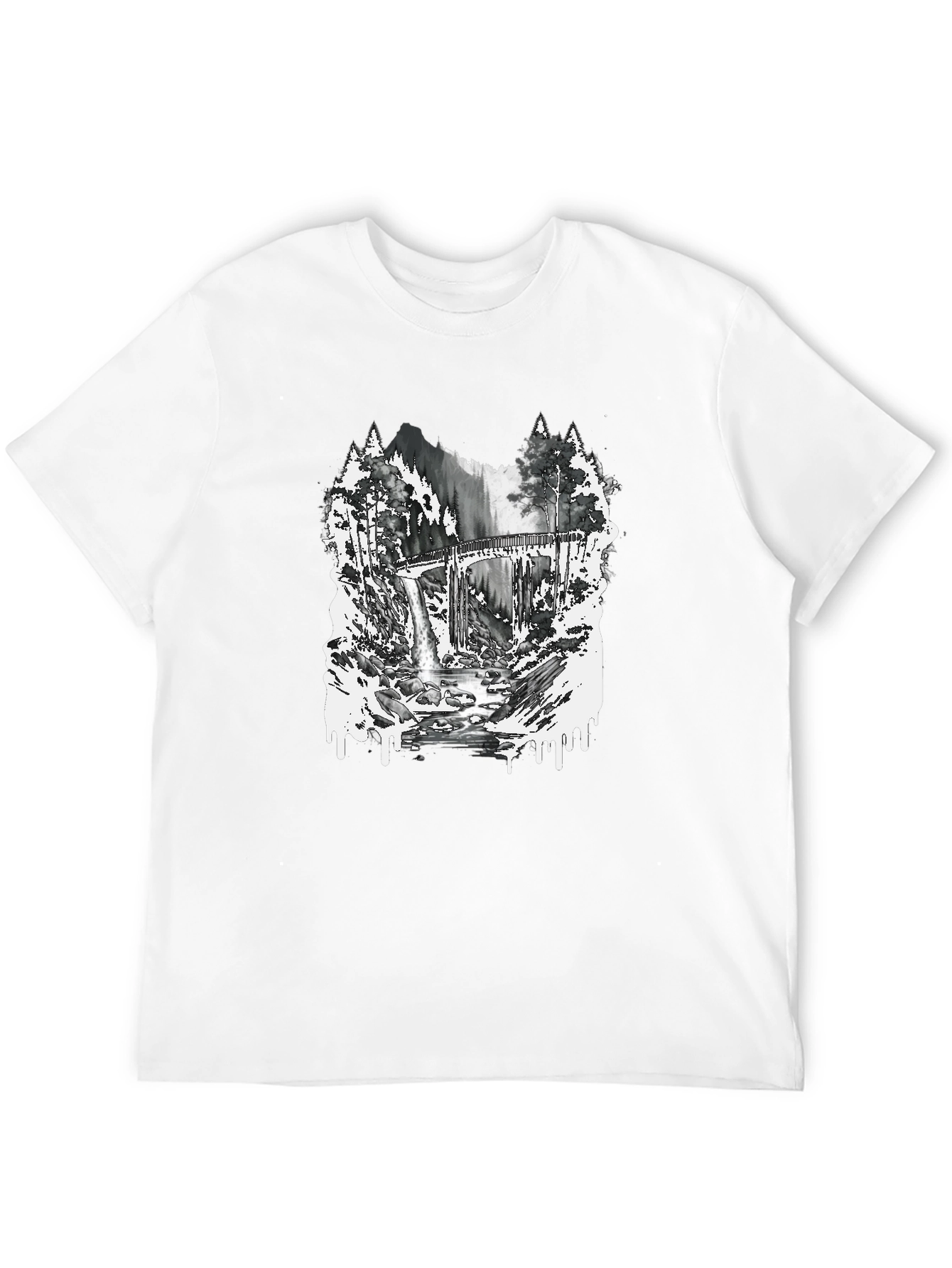 Nature Scene Graphic Tee - Bridge and Waterfall