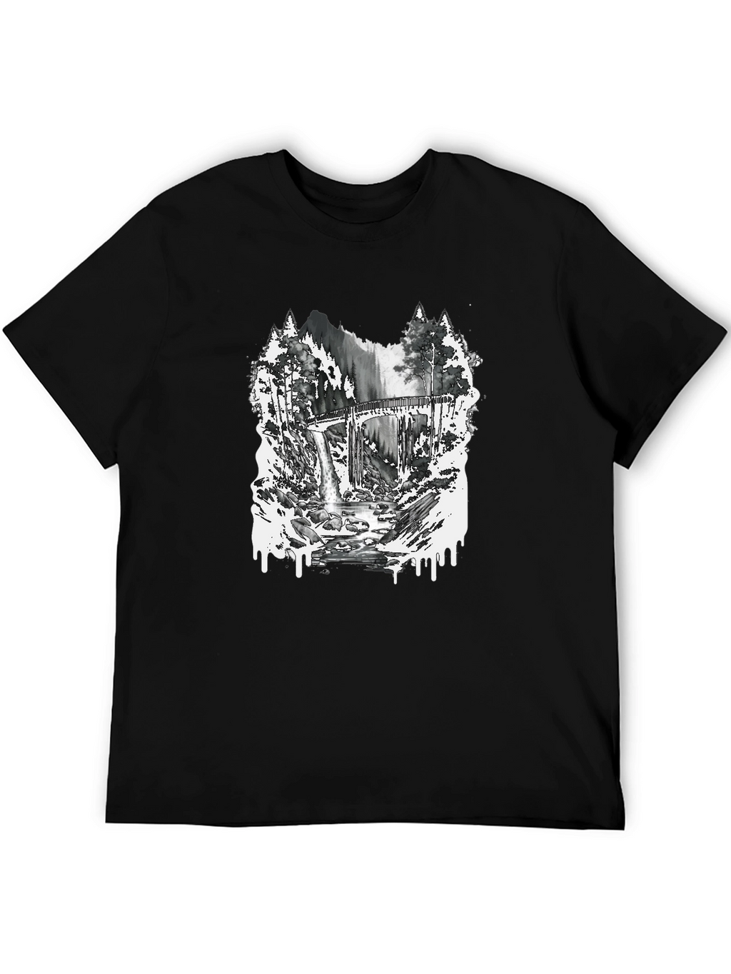 Nature Scene Graphic Tee - Bridge and Waterfall