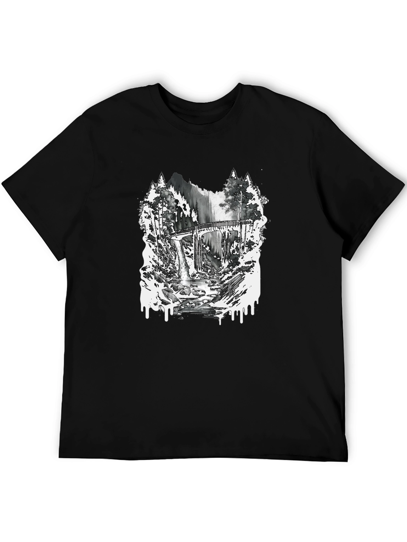 Nature Scene Graphic Tee - Bridge and Waterfall