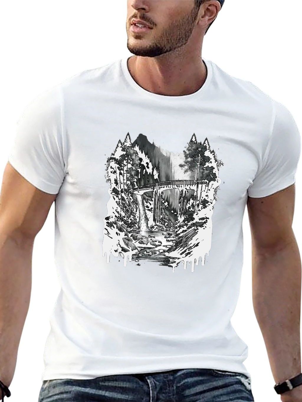 Nature Scene Graphic Tee - Bridge and Waterfall
